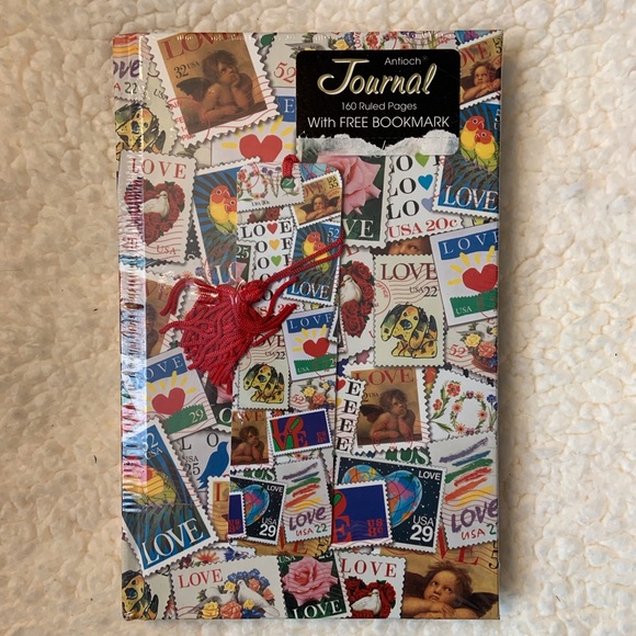🦩NWT Antioch journal with 160 ruled pages, stamp collage design, 5.5 x 9 inches - Picture 1 of 6